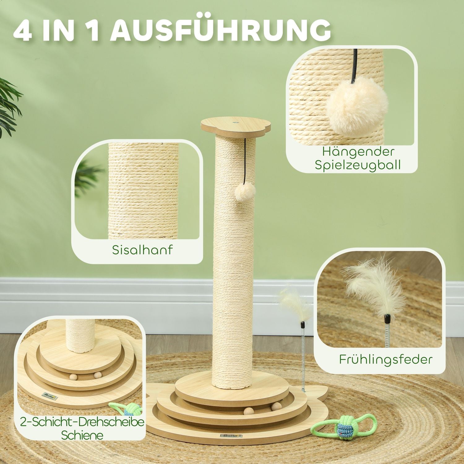 Kattskrapstolpe, 69 cm sisal med lekboll, ekfinish