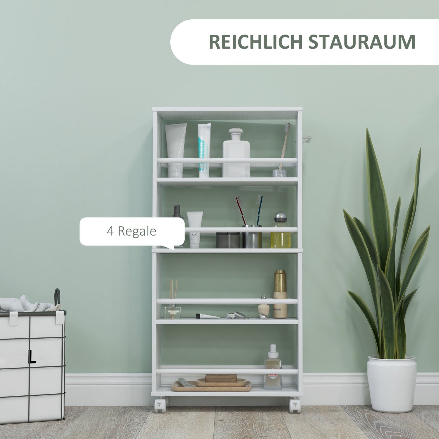 4-lagers slimmad rullvagn, vit köksförvaringsorganisator