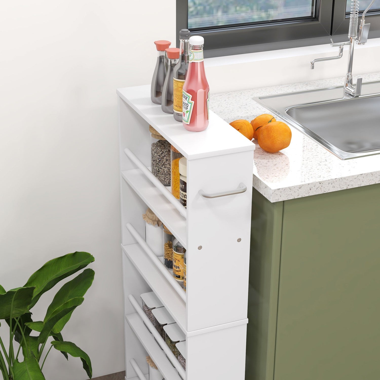 4-lagers slimmad rullvagn, vit köksförvaringsorganisator