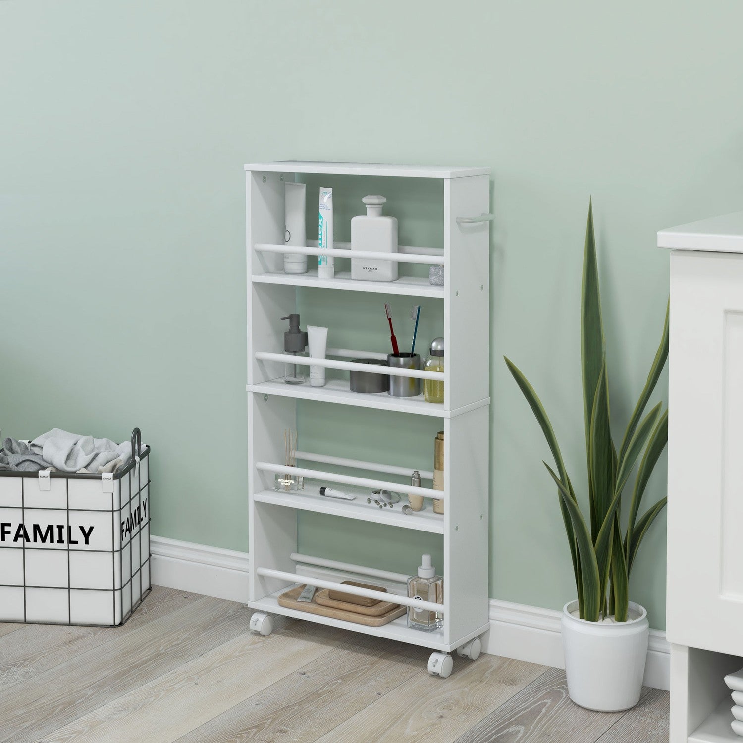 4-lagers slimmad rullvagn, vit köksförvaringsorganisator