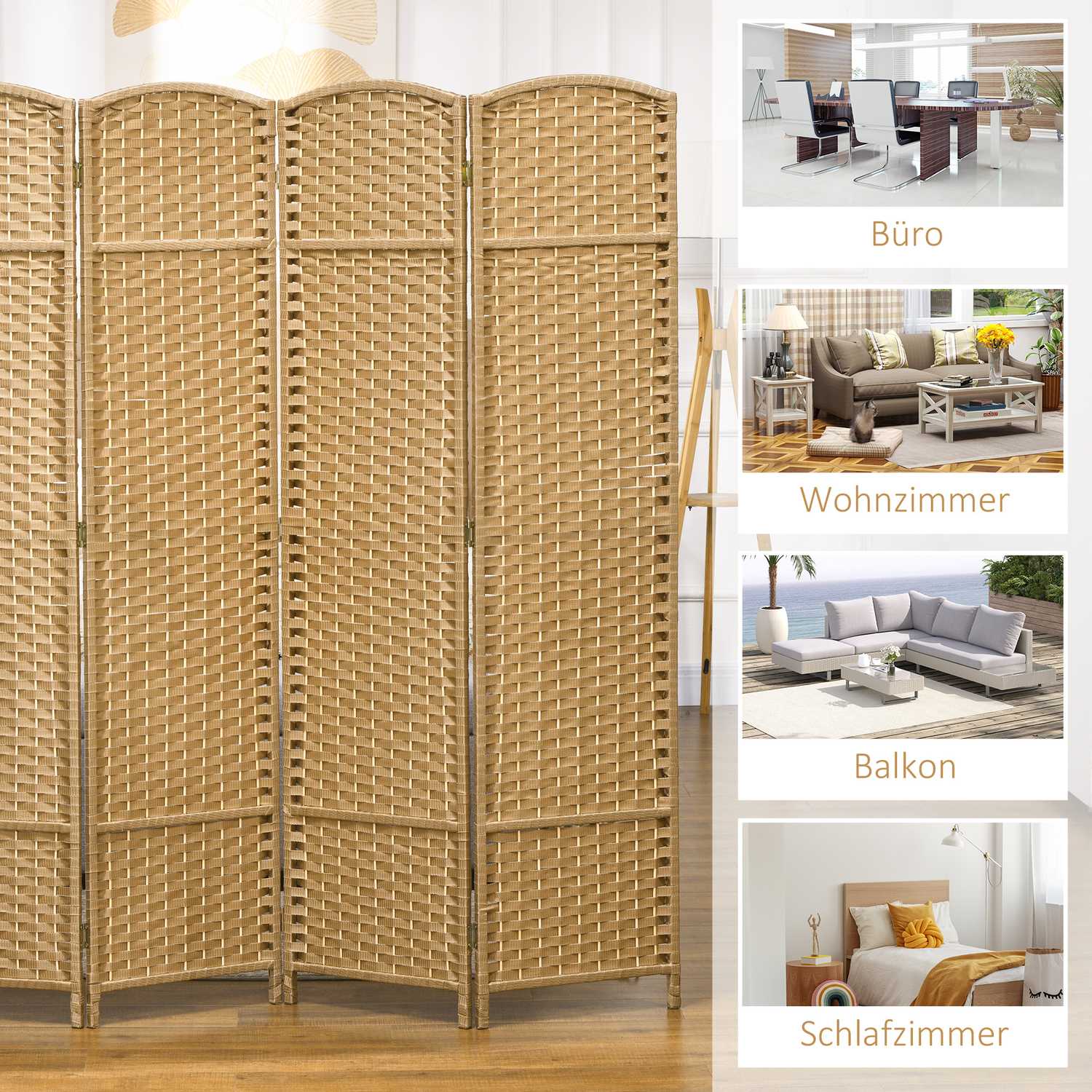 4-panels fällbar rumsavdelare, naturligt trä, sekretessskärm