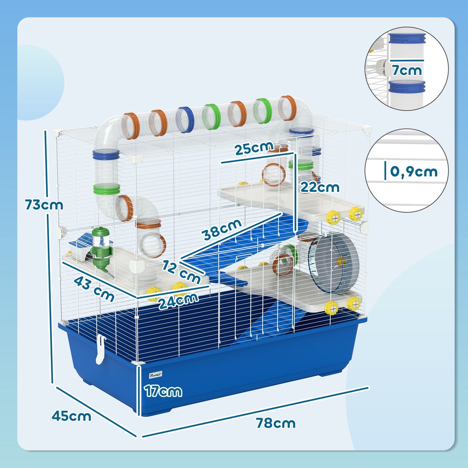 4-vånings hamsterbur med hjul och tillbehör, blå