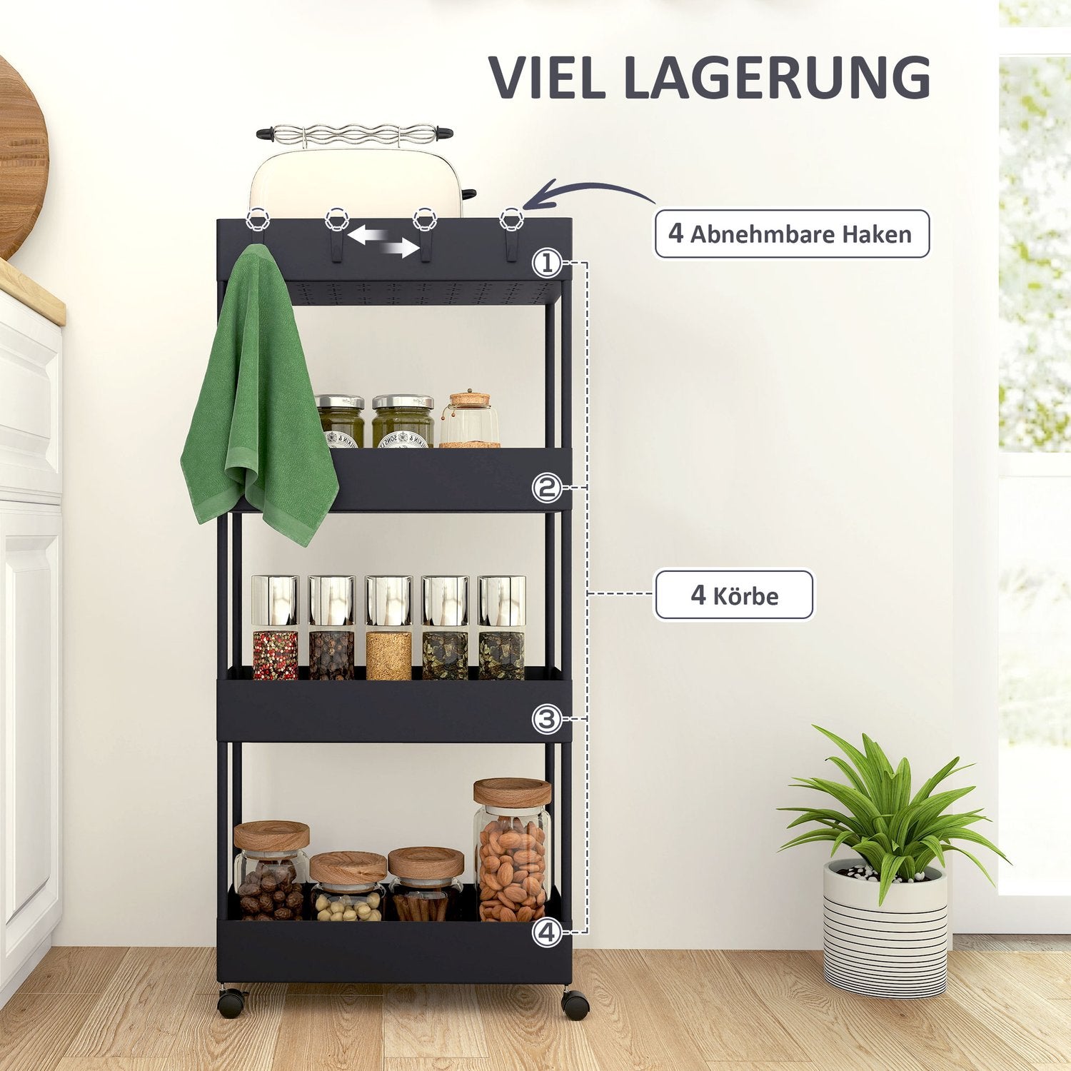 4-vånings rullande köksvagn med hjul, svart plast