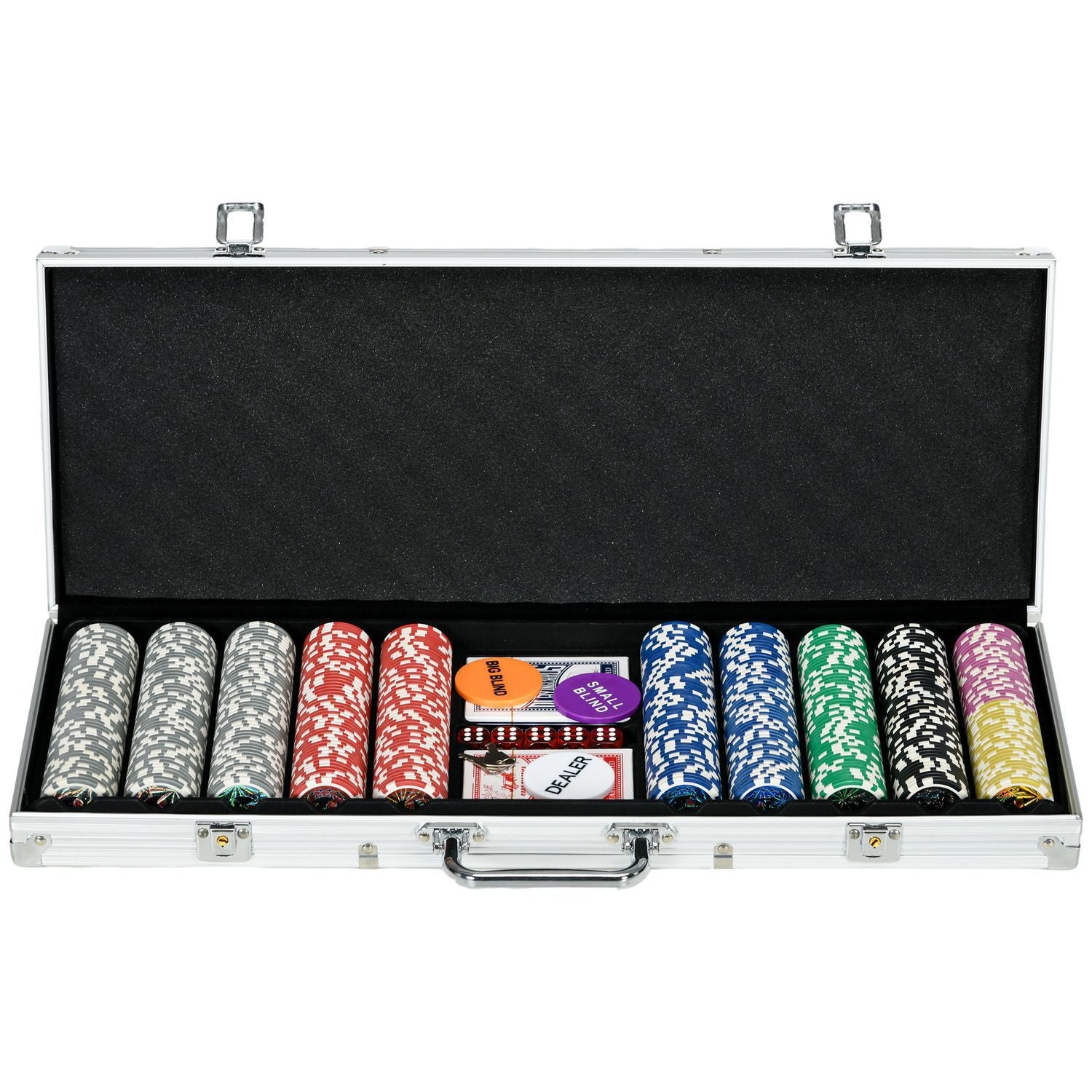 Pokerfodral Set 500 Marker 11,5G Professionell Pokerset Lås 2 Kortlek 5 Tärningar Dealer Blindknappar Silver