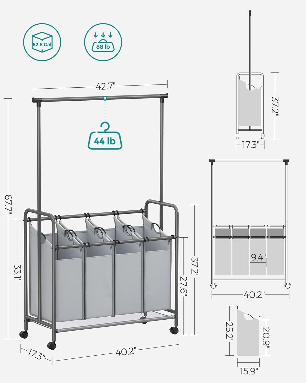 52,8-Gal rullande tvättkorg med hängskena och 4 påsar