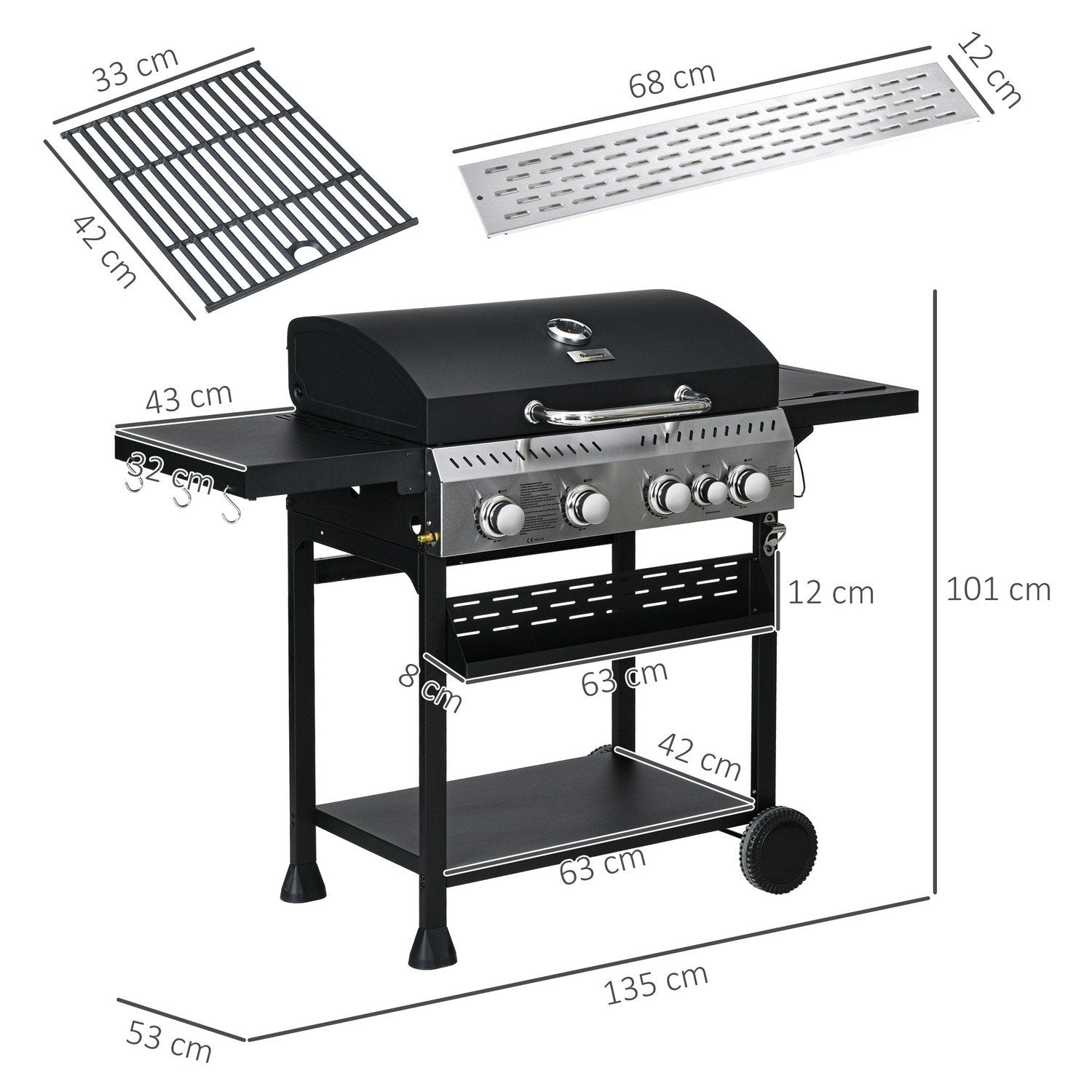 Gasolgrill 2,5 Kw Grillvagn Med 4+1 Brännare, Termometer, Bbq Grill Med Hjul, Sidohylla, Krok, Hylla, Campinggrill Svart