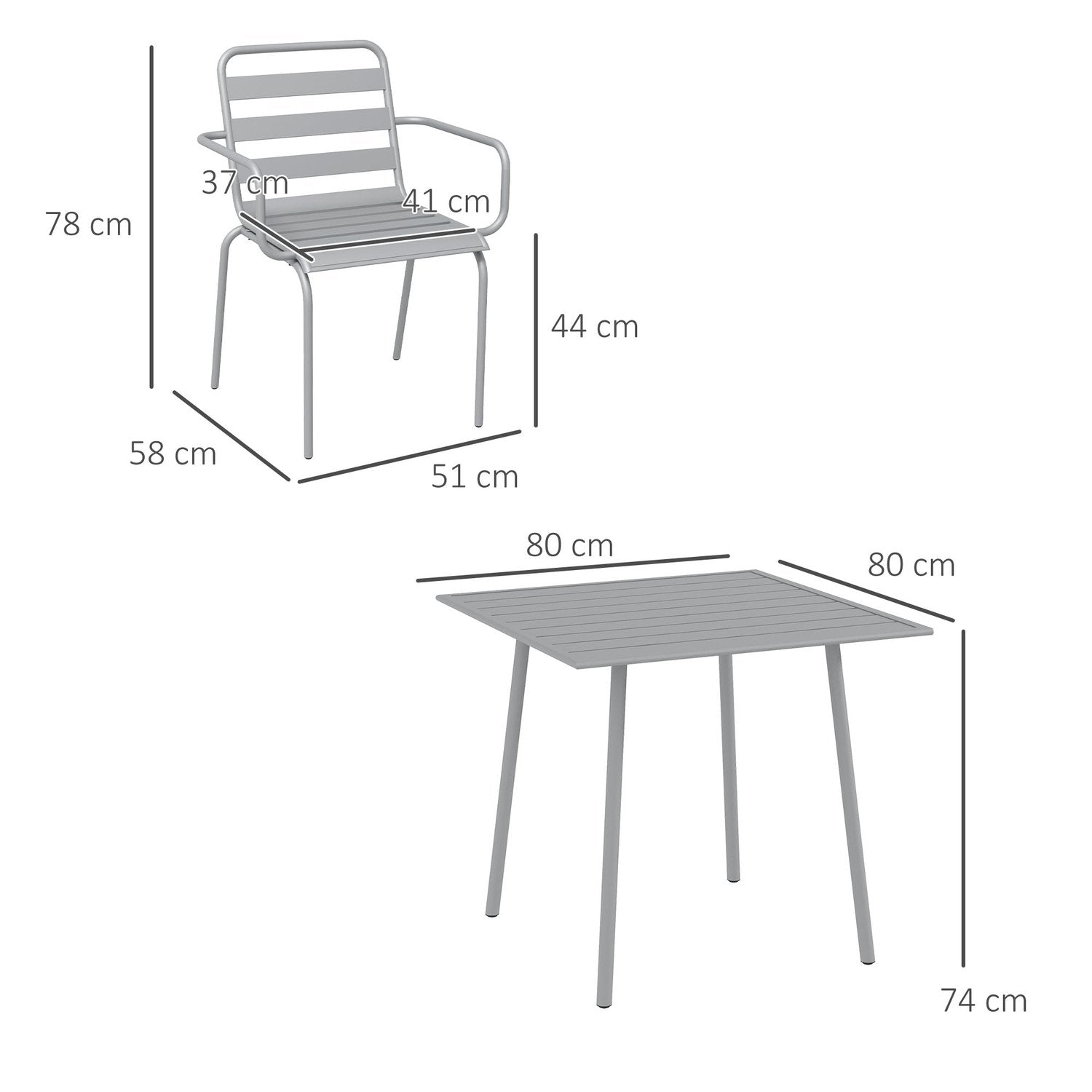 Sittgrupp Trädgårdsmöbler Set Matbord 4 Stapelbara Stolar Trädgårdsset Stål Ljusgrå