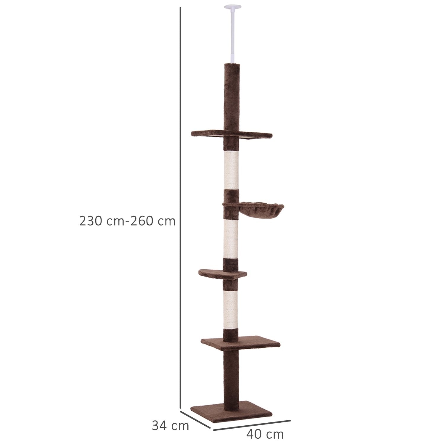 Skrapstolpe I Tak Högt Brunt Höjdjusterbart Kattträd Med Sisalkolonner, För Klättring Och Repning, 40X34X230-260Cm