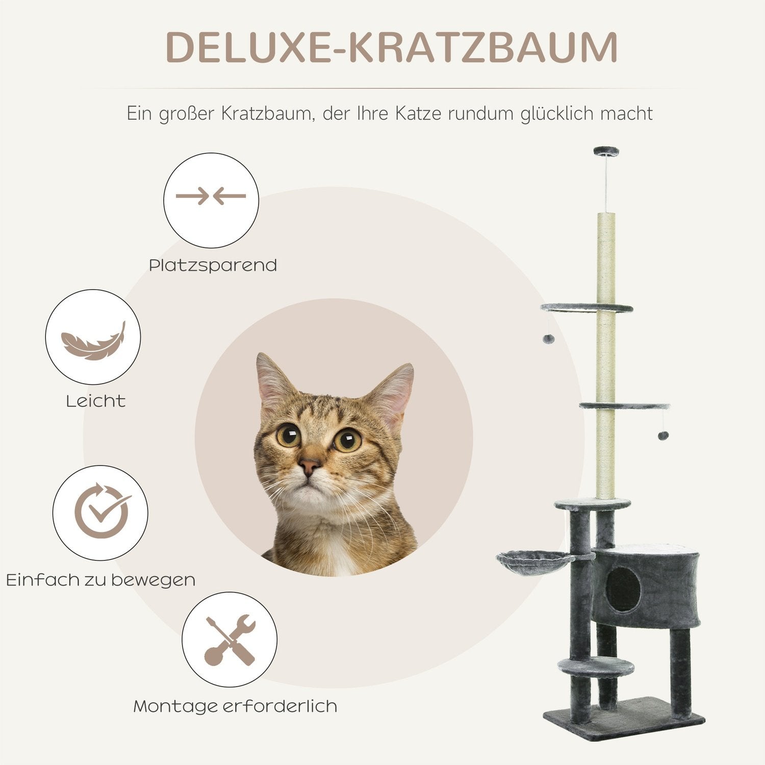 Cat Klätterställning I Tak Högt Skrapstolpe Med Sisalkolonner, 220-265 Cm, Kattklätterträd, Mörkgrå