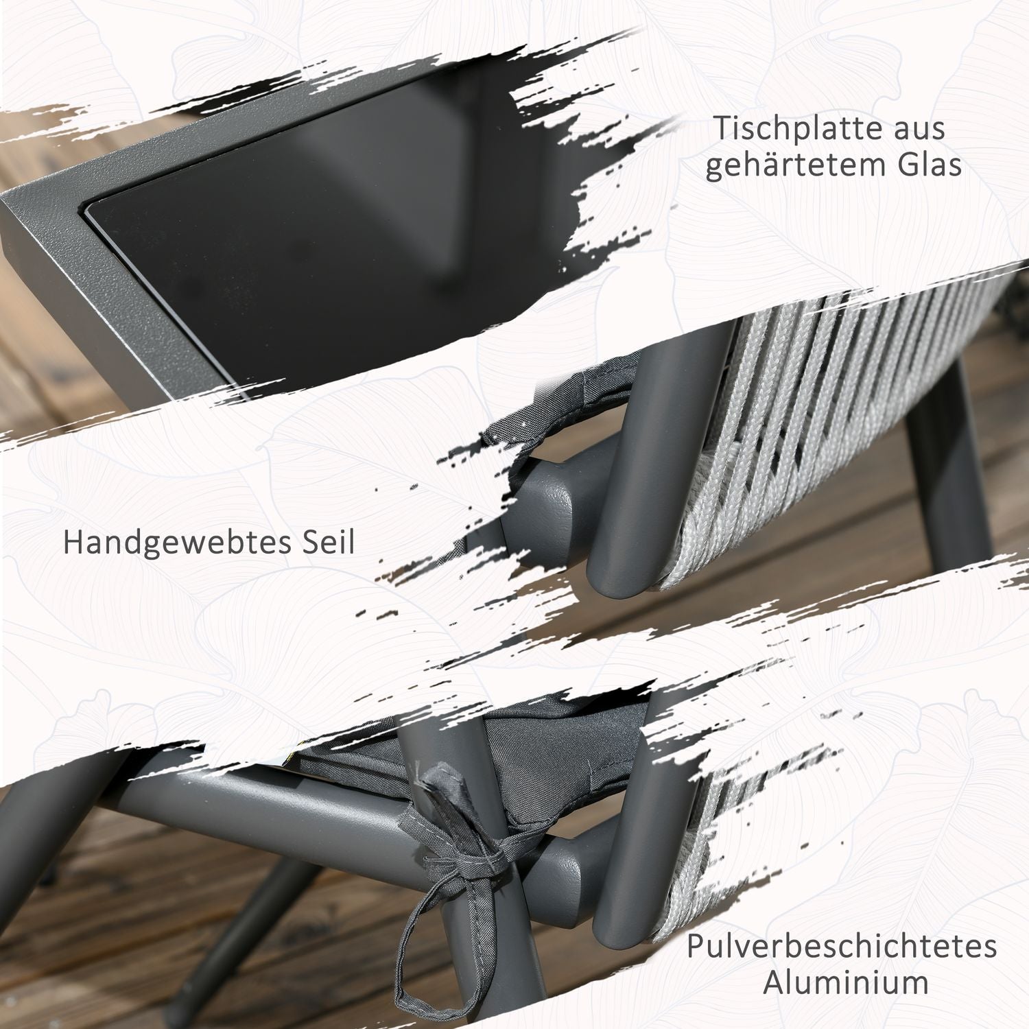 5-delat mörkgrå uteplats, bord och stolar, paraplyhål