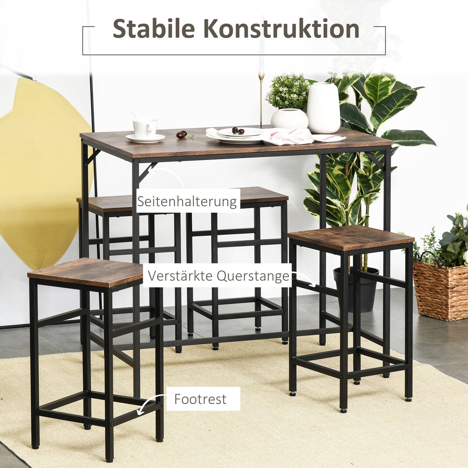 5-delat rustikt brunt barbordsset med 4 pallar