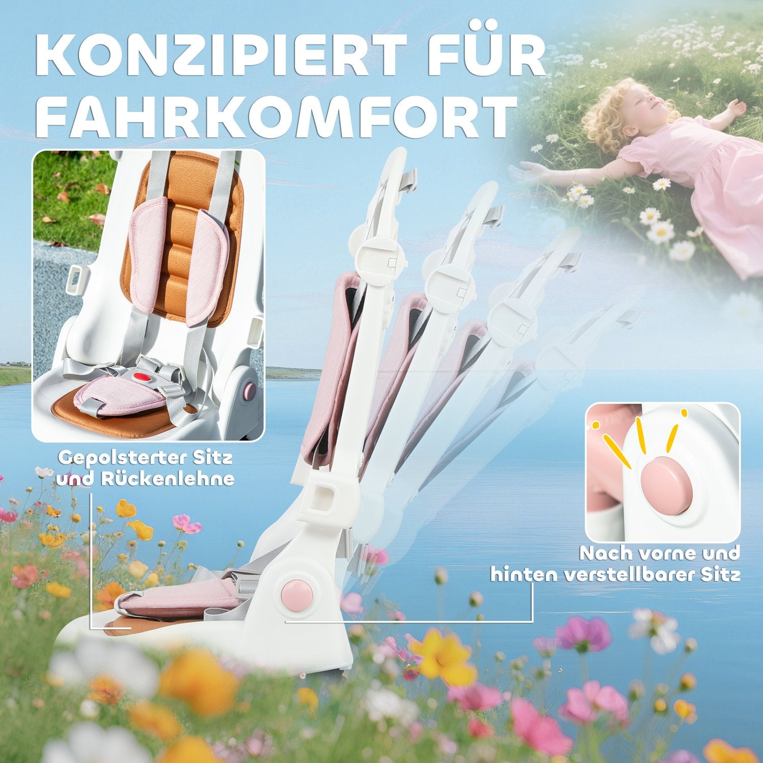5-i-1 trehjuling för småbarn, justerbar, rosa, åldrar 1-3