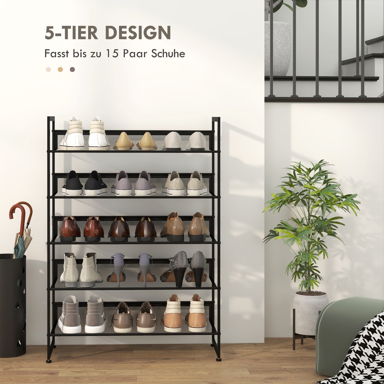 5-lagers svart stålskoställ för 15 par, 72x30x102 cm