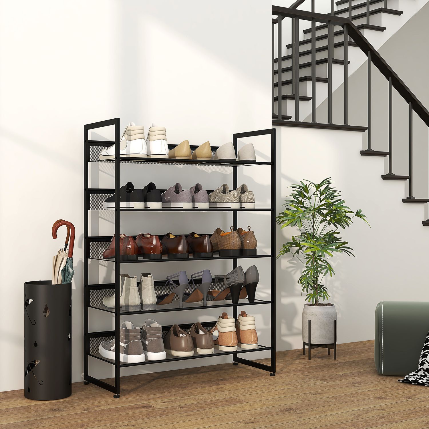 5-lagers svart stålskoställ för 15 par, 72x30x102 cm