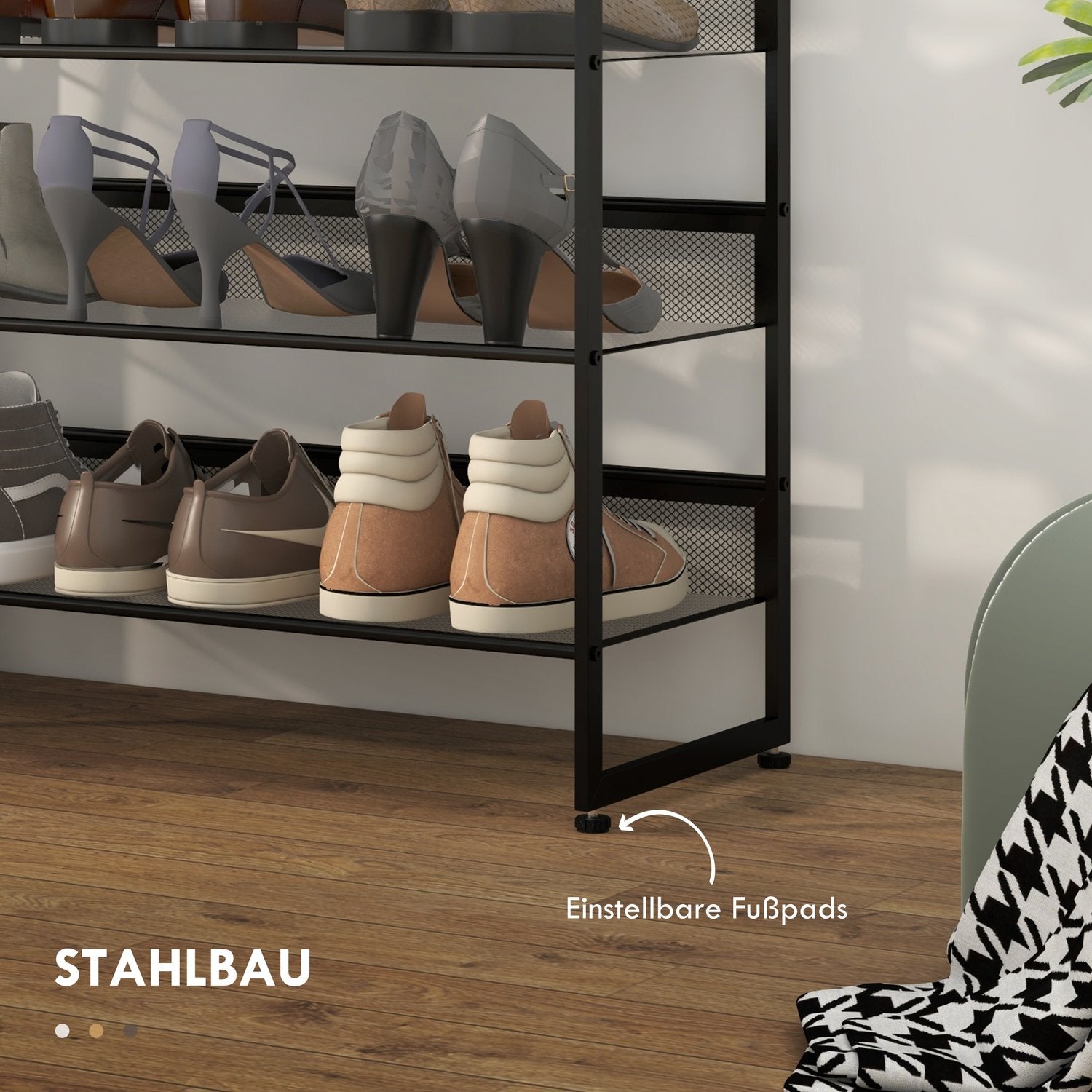 5-lagers svart stålskoställ för 15 par, 72x30x102 cm