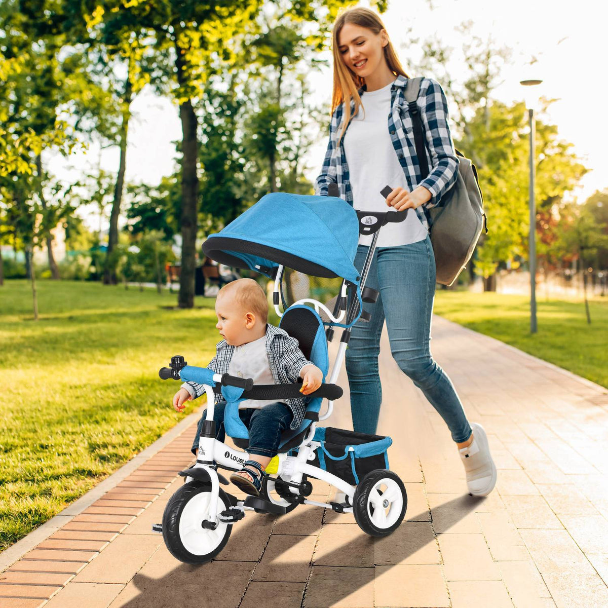 Dětská tříkolka 6 v 1 s vodicí tyčí, stříškou, bezpečnostním pásem a úložným košem, pro děti od 1 do 5 let, modrá