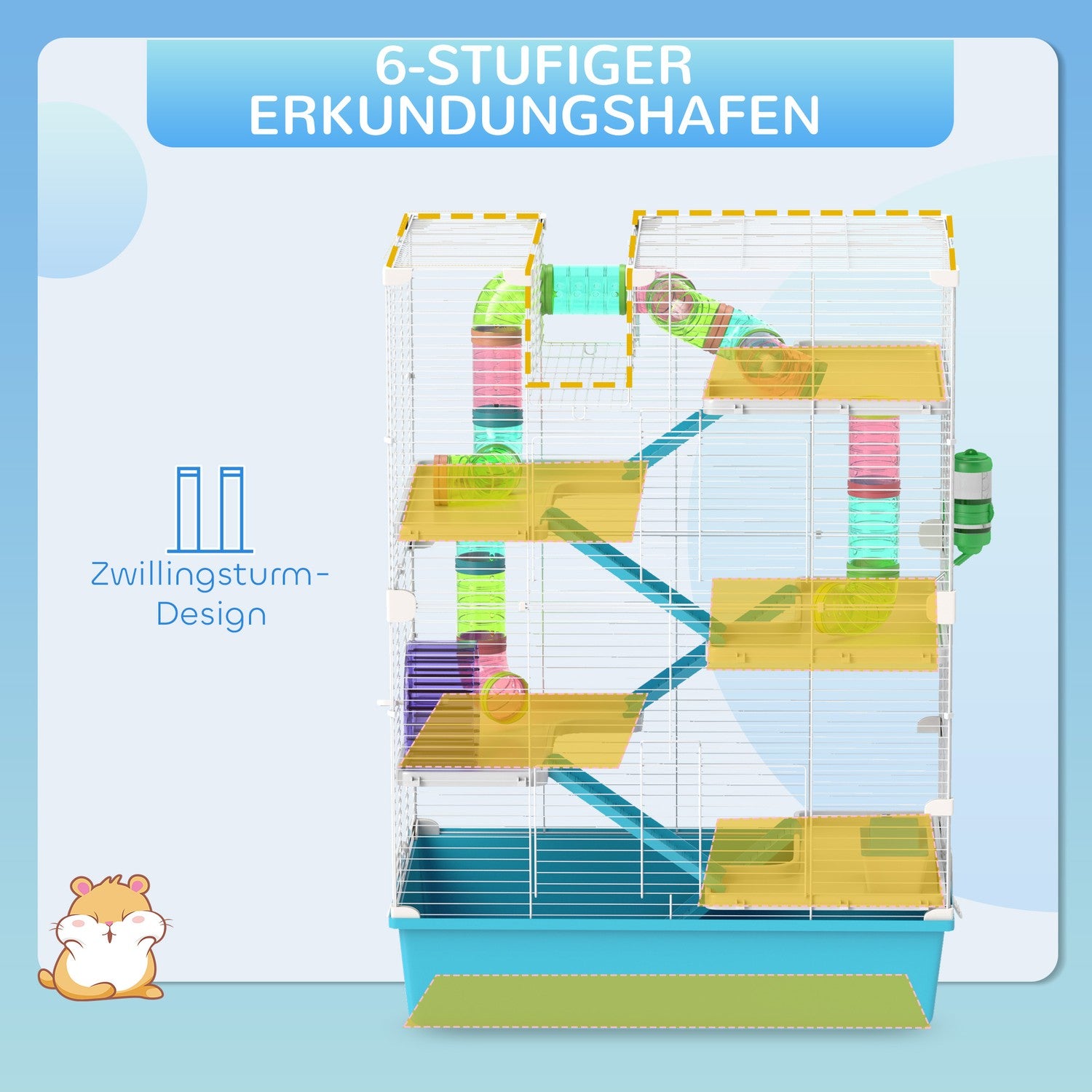 6-vånings hamsterbur med tunnlar och tillbehör, 58x36x81 cm