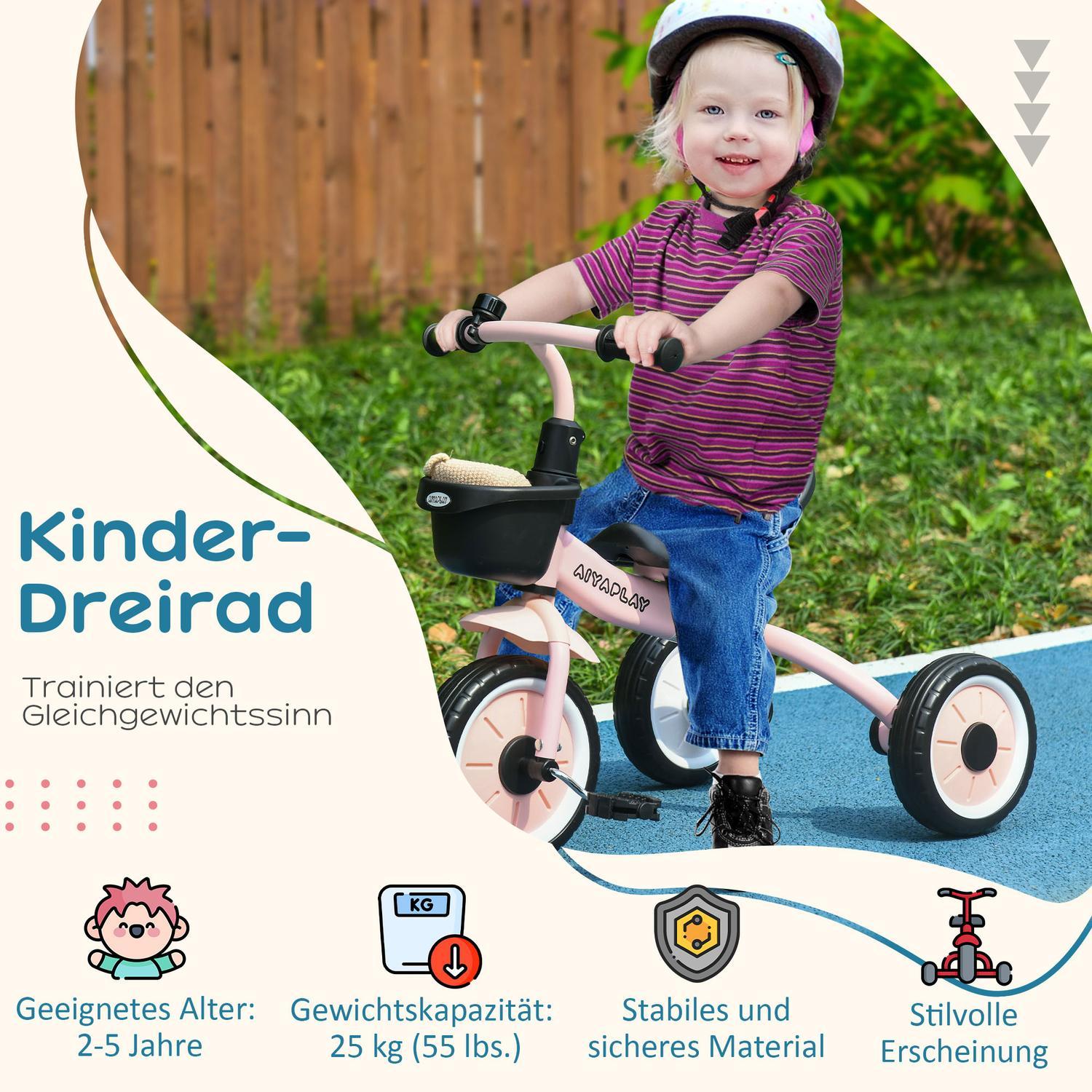 Trehjuling, Barncykel Med Justerbar Sits, Balanscykel Med Cykelkorg, Ringklocka, Barncykel Med Pedaler, För Barn 2-5 År, Metall, Rosa