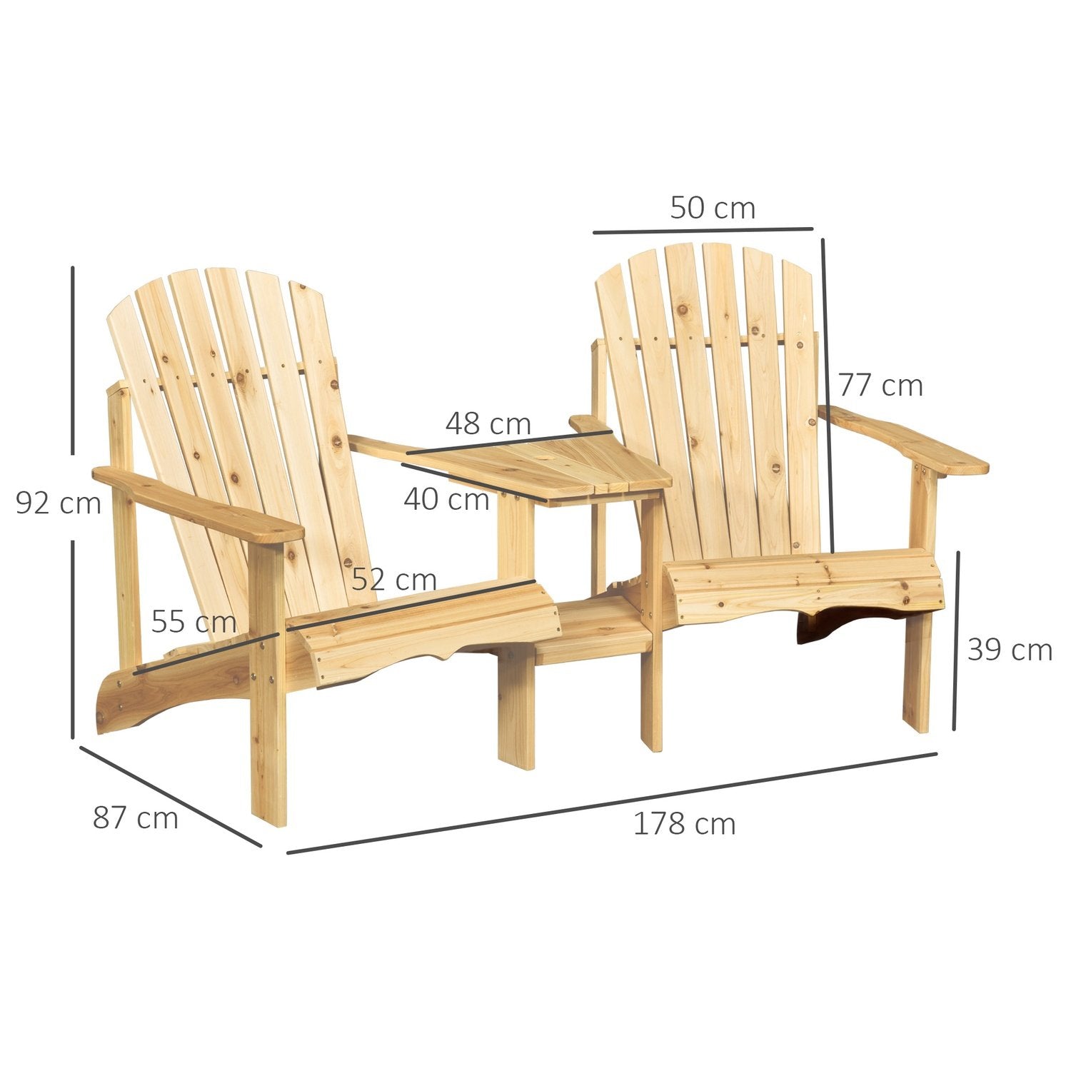 Adirondack Trädgårdsstol Med Bord Och Paraplyhål 2-Sits Trädgårdsstol Sittgrupp Trädgårdsmöbler För Balkong Massivt Trä Naturligt 178 X 87 X 92 Cm