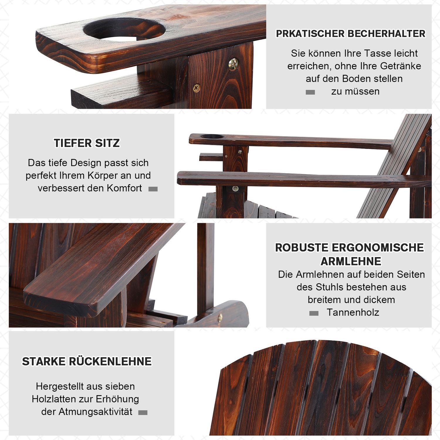 Adirondack trädgårdsstol, massivt trä, med mugghållare