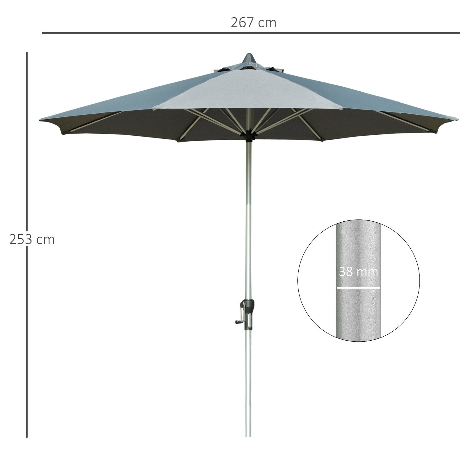 Parasoll 2,7 M Balkong Marknadsparaply 8 Ribbar Solskydd Aluminium Polyester Mörkgrå