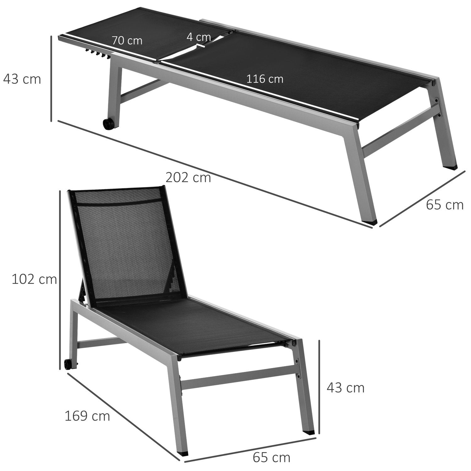 Avkoppling Solstol Solstol 5-Nivå Ryggstöd Aluminium Svart 169X65X102Cm