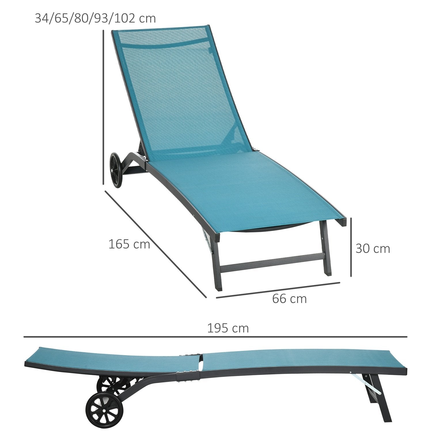 Solstol, Solstol Med Hjul, Relaxstol Med Justerbart Ryggstöd, Trädgårdsstol, Polyester, Aluminium, Blå, 195 X 165 X 102 Cm