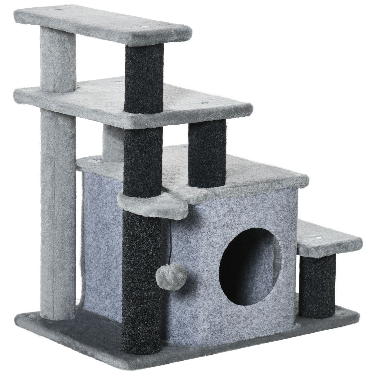 Pet Stairs 3/4-Stegs Katttrappa Med Sovgrotta & Hängande Play Ball Chipboard Plysch