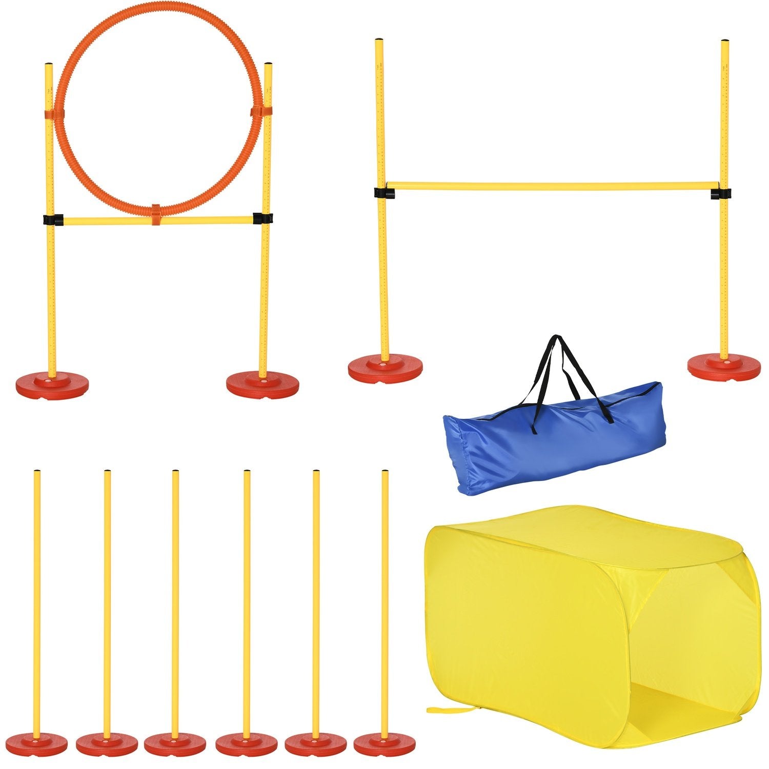 Dog Agility Häckset, Hundträningsset, Hinderbana, Plast, Polyester, Gul, 128 X 23 X 9-100 Cm