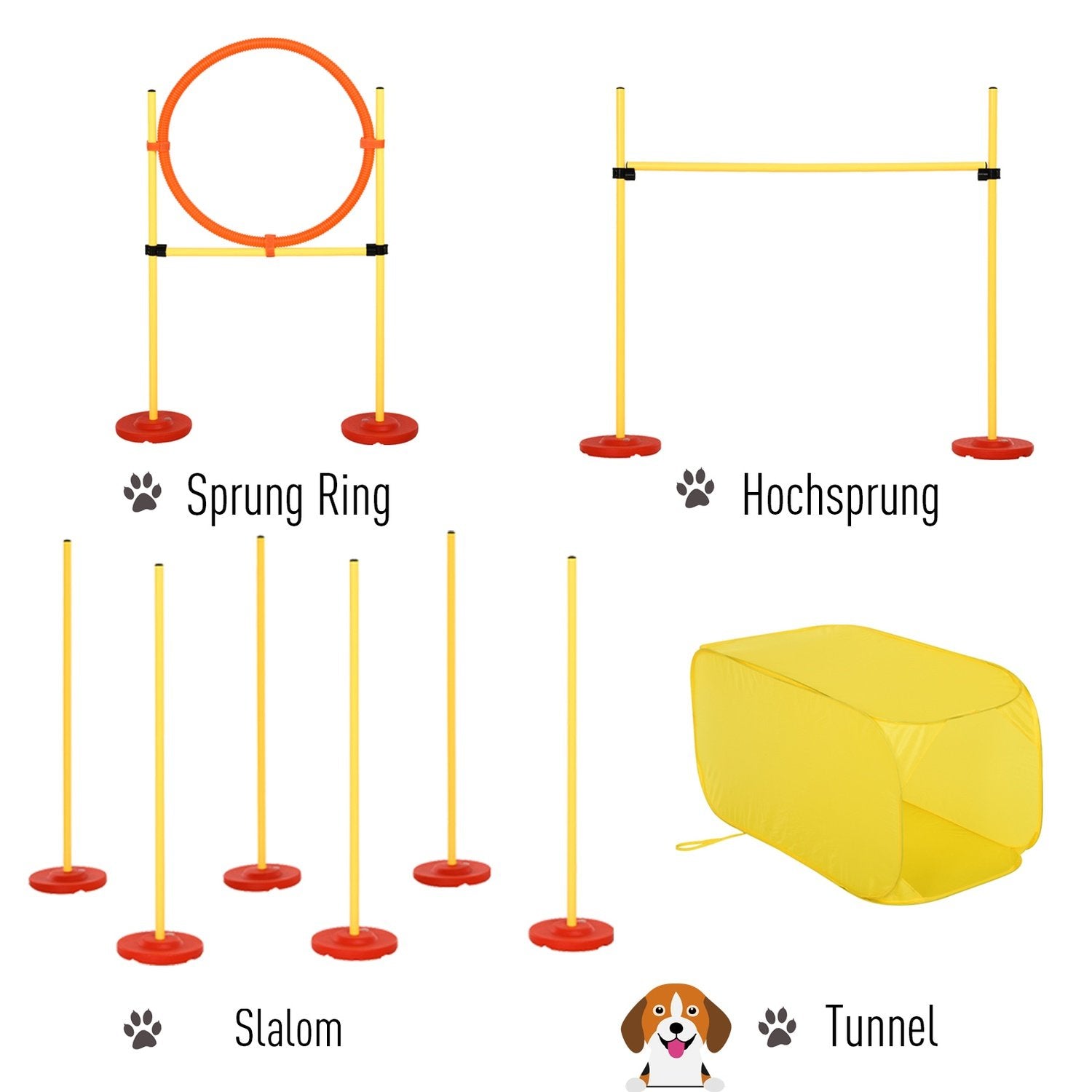 Dog Agility Häckset, Hundträningsset, Hinderbana, Plast, Polyester, Gul, 128 X 23 X 9-100 Cm