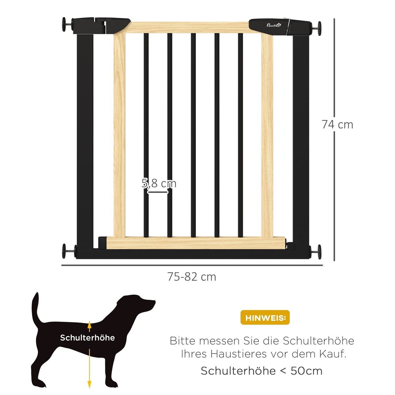 Dörrskydd Hundspärr Med Automatiskt Stängande Dörr, 75-82 Cm, Trappgrind, Ingen Borrning, Svart + Naturligt Trä