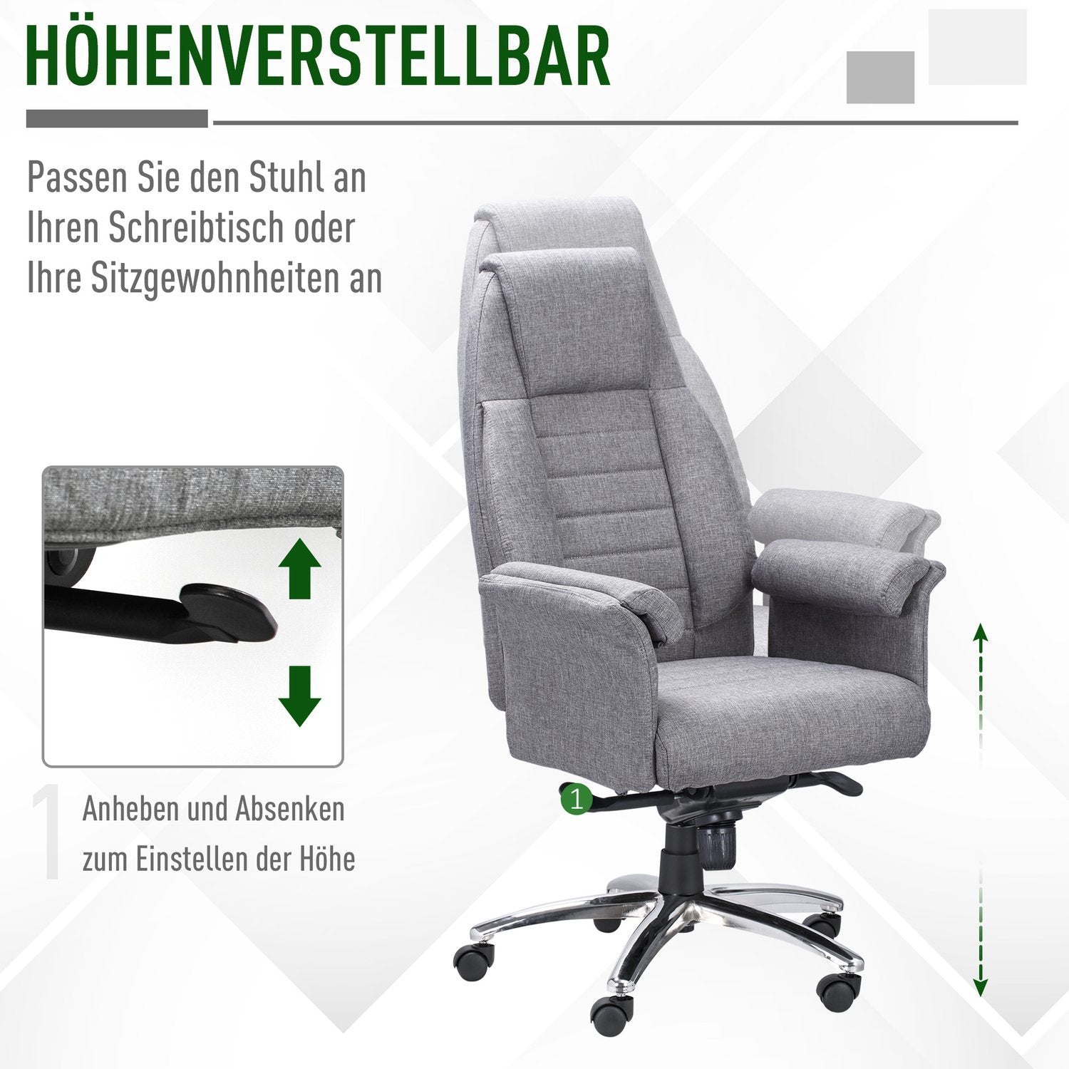 Kontorsstol Snurrstol Ergonomisk, Armstöd & Höjdjusterbar, Faux Linne, Ljusgrå, 68X72X120-126Cm