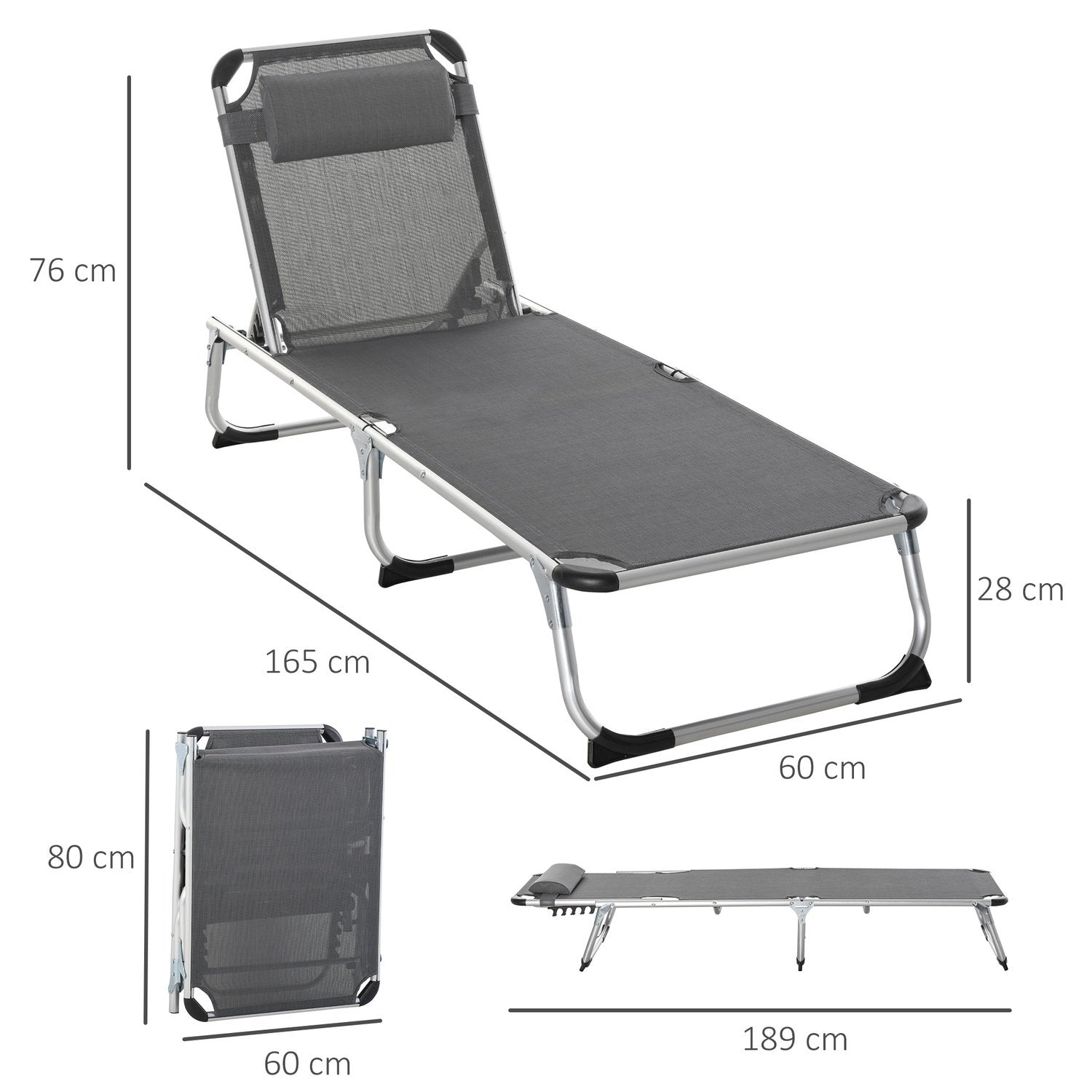 Solstol Trädgårdsstol Solstol I Aluminiumtyg Relaxstol 5-Vägs Justerbar Hopfällbar Ergonomisk Mesh Grå 170 X 60 X 76 Cm