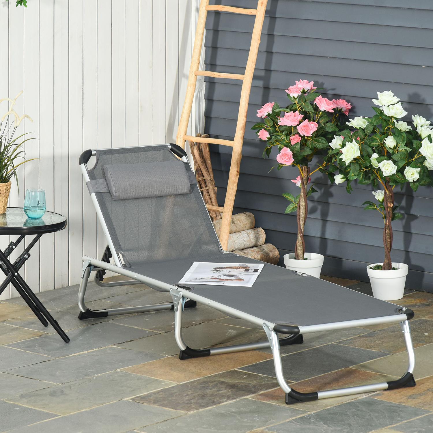 Solstol Trädgårdsstol Solstol I Aluminiumtyg Relaxstol 5-Vägs Justerbar Hopfällbar Ergonomisk Mesh Grå 170 X 60 X 76 Cm