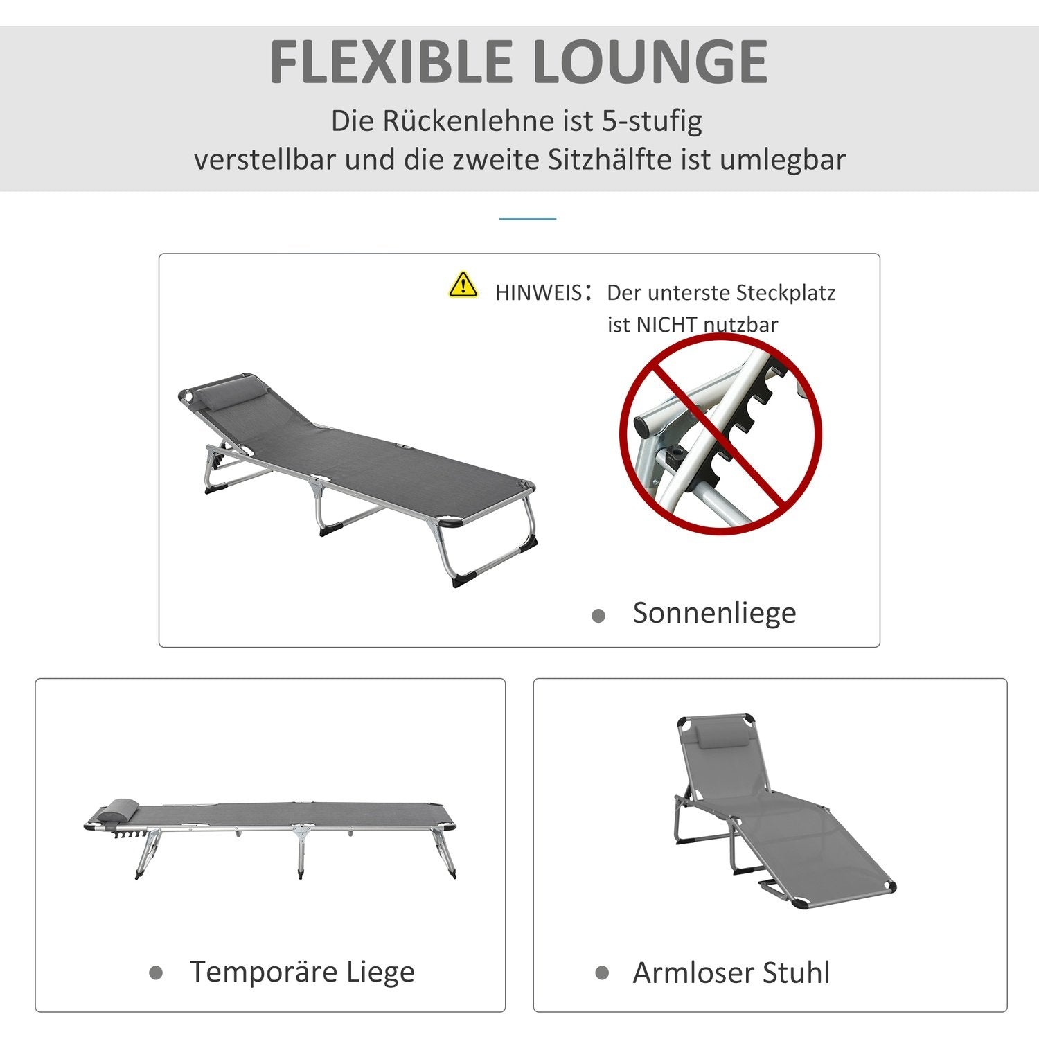 Solstol Trädgårdsstol Solstol I Aluminiumtyg Relaxstol 5-Vägs Justerbar Hopfällbar Ergonomisk Mesh Grå 170 X 60 X 76 Cm