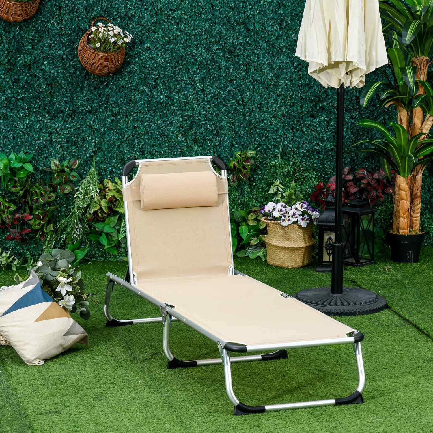 Garden Lounger Aluminium 5-Vägs Justerbar Vikbar Ergonomisk Mesh Beige 170X60X76Cm