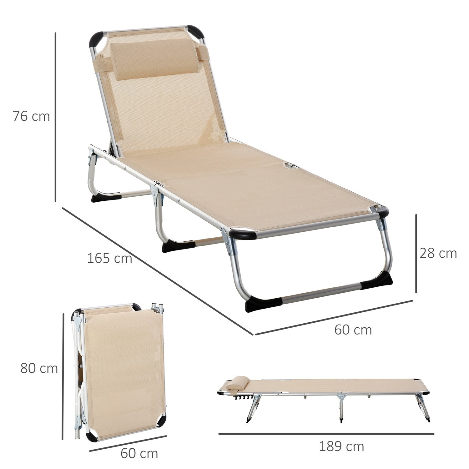 Garden Lounger Aluminium 5-Vägs Justerbar Vikbar Ergonomisk Mesh Beige 170X60X76Cm