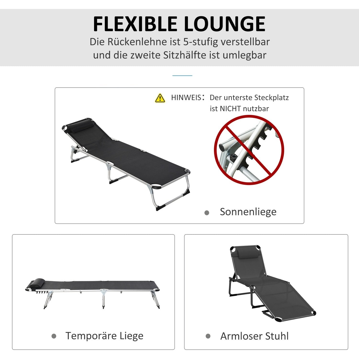 Solstol Trädgårdsstol Solstol I Aluminiumtyg Relaxstol 5-Vägs Justerbar Hopfällbar Ergonomisk Mesh Svart 170 X 60 X 76 Cm