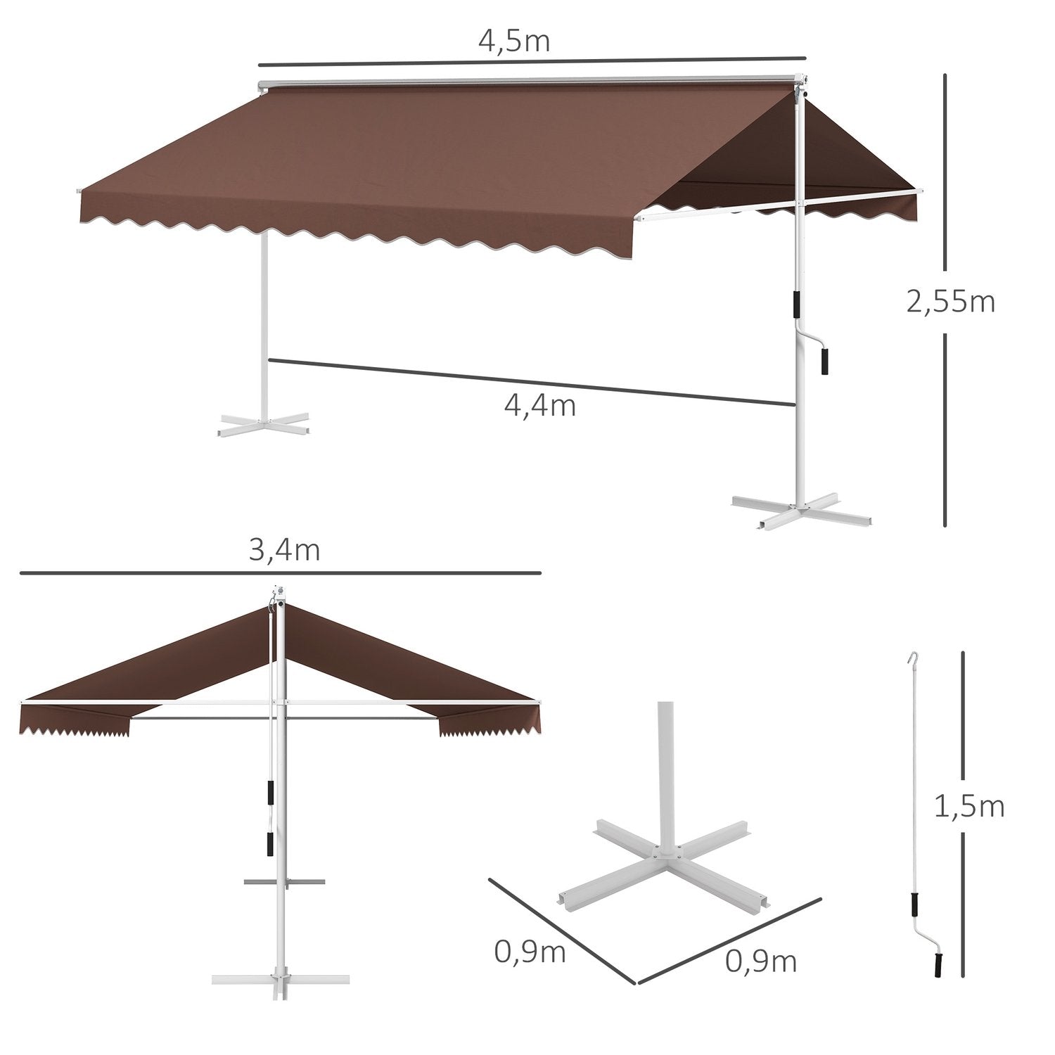 Stående Markis 4,5 X 3,4 M Trädgårdsmarkis Handvev Utdragbar Altantak Justerbar Solskydd Polyester Kaffe