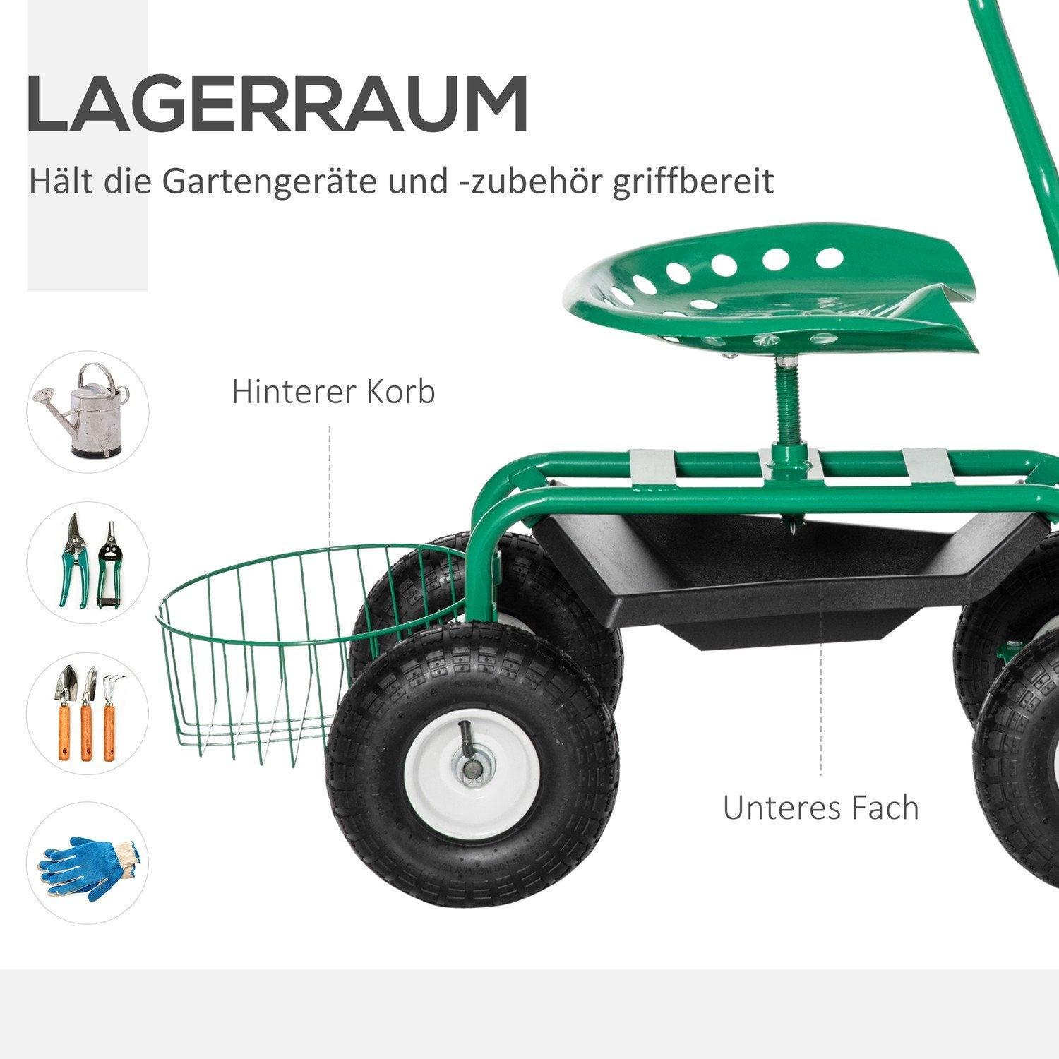 Trädgårdsvagn, Verkstadsvagn, Trädgårdssits Med Vridbar Sits, Förvaringskorg, Höj- Och Sänkbar, 150 Kg Lastkapacitet, Metall + Gummi, Grön, 81 X 44,5 X 46-59 Cm