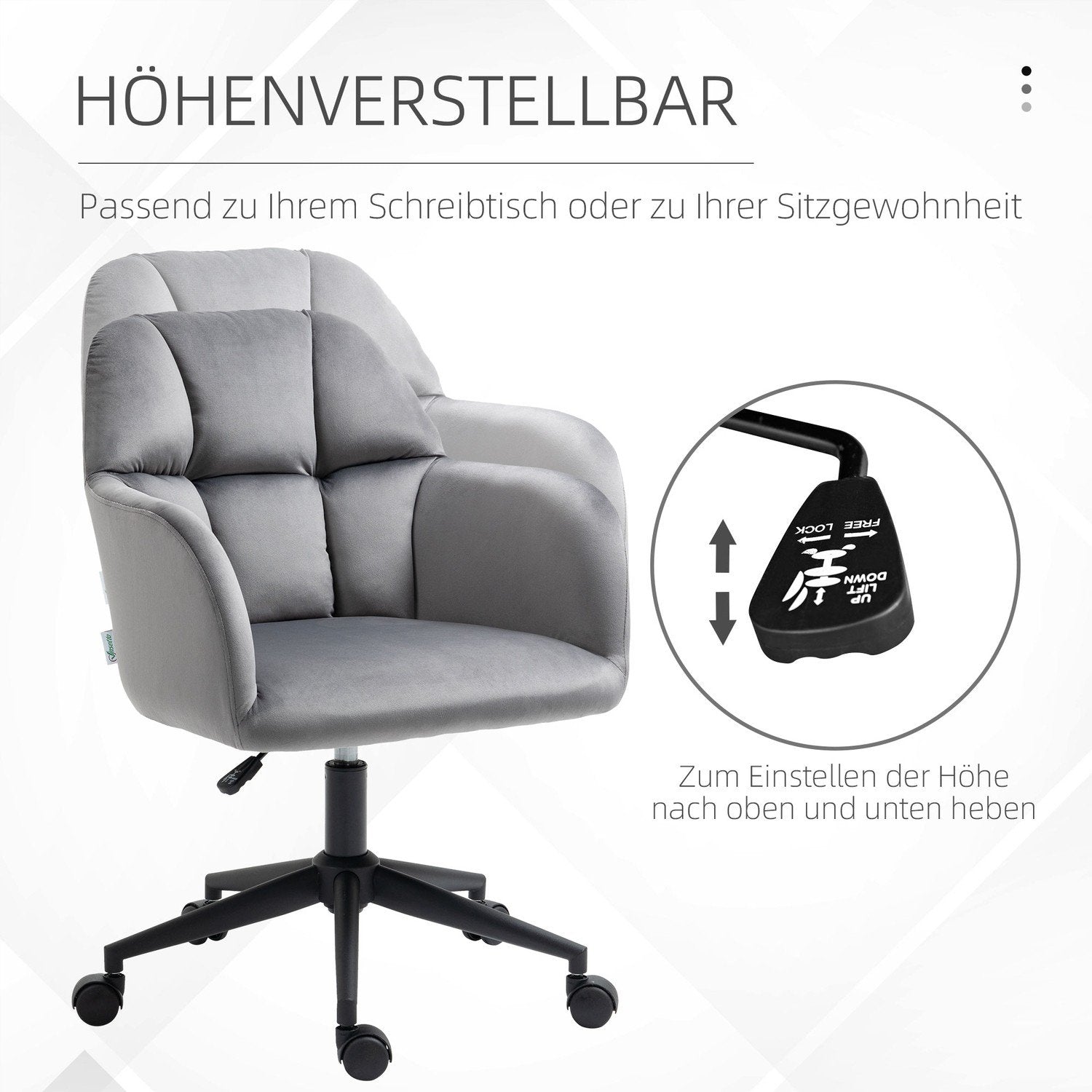 Kontorsstol Skrivbordsstol Med Hjul, Höjdjusterbar, Ergonomisk, Sammetslook, Upp Till 120 Kg, Grå