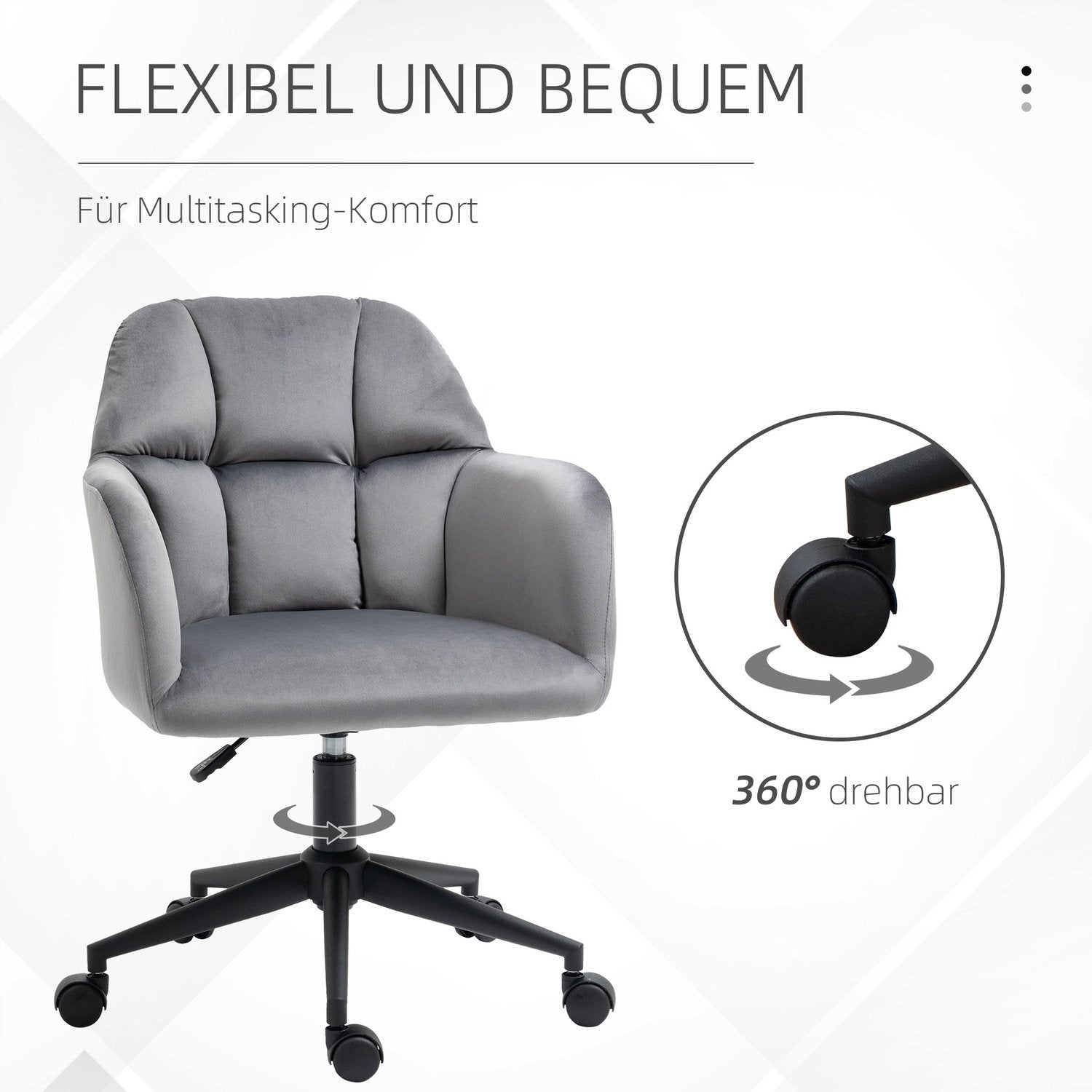 Kontorsstol Skrivbordsstol Med Hjul, Höjdjusterbar, Ergonomisk, Sammetslook, Upp Till 120 Kg, Grå