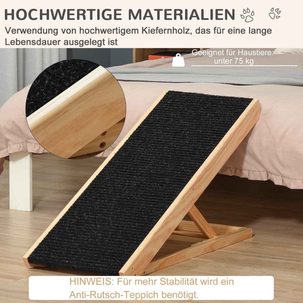 Pet Ramp Justerbar Hundramp Med Halkfri Matta, Furu, Polyester, 90X40X61Cm