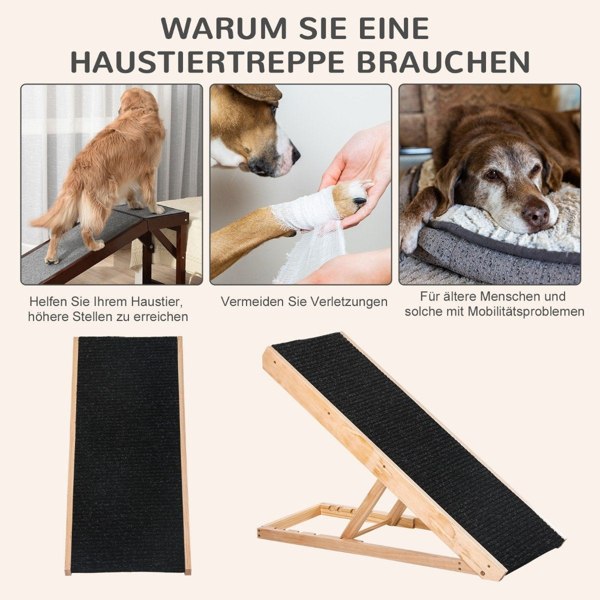 Pet Ramp Justerbar Hundramp Med Halkfri Matta, Furu, Polyester, 90X40X61Cm