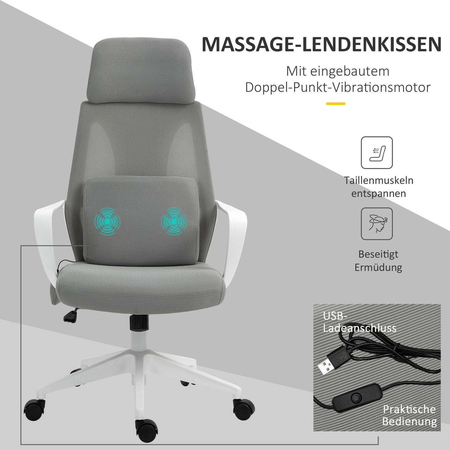 Gamingstol, Kontorsstol Med Massagefunktion, Snurrstol, Ergonomisk, Nylon, Grå, 62X60X114-122Cm