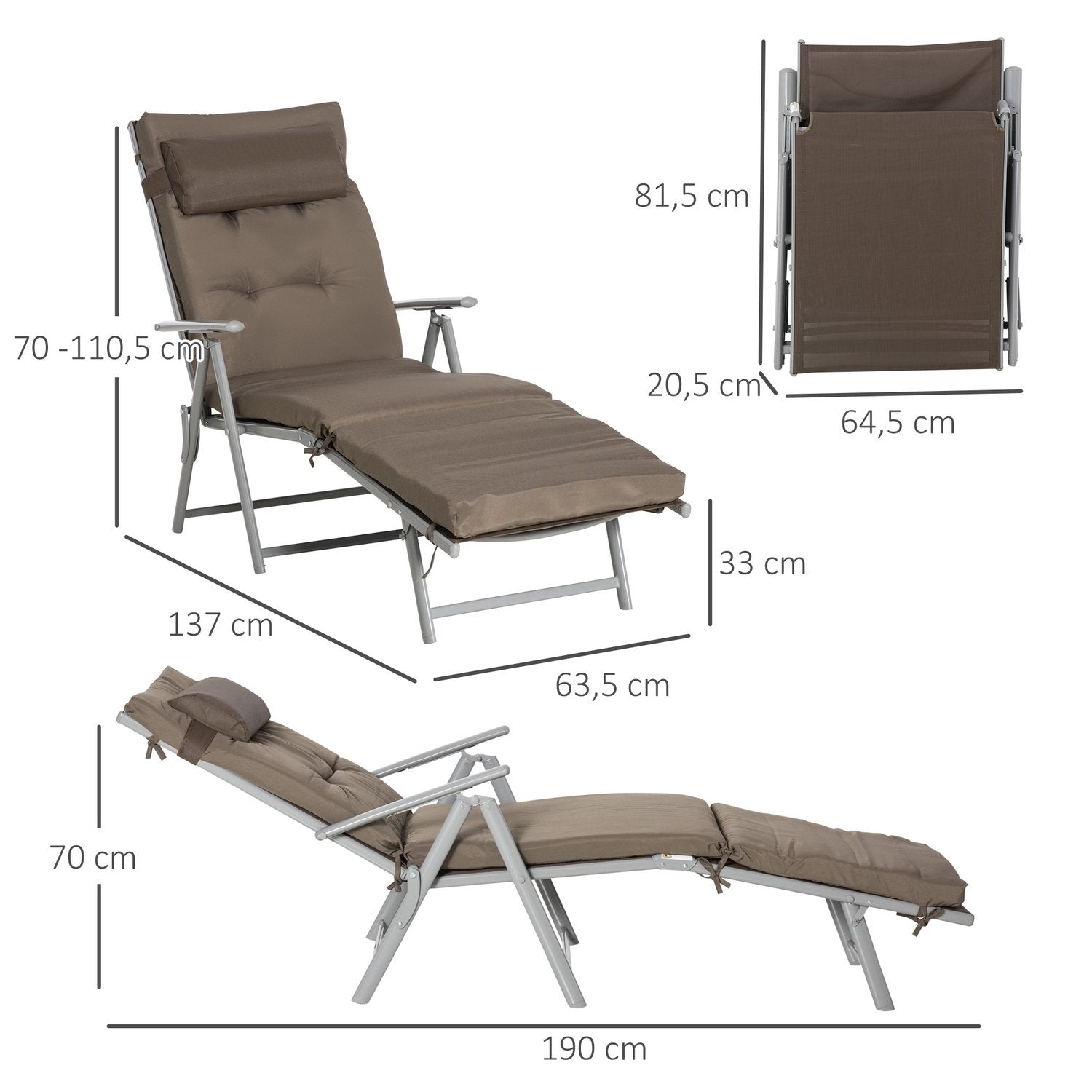 Solstol Strandstol Trädgårdssäng Vikbar Justerbar Med Kudde Trädgård Metalltyg Brun + Silver 137 X 63,5 X 100,5 Cm