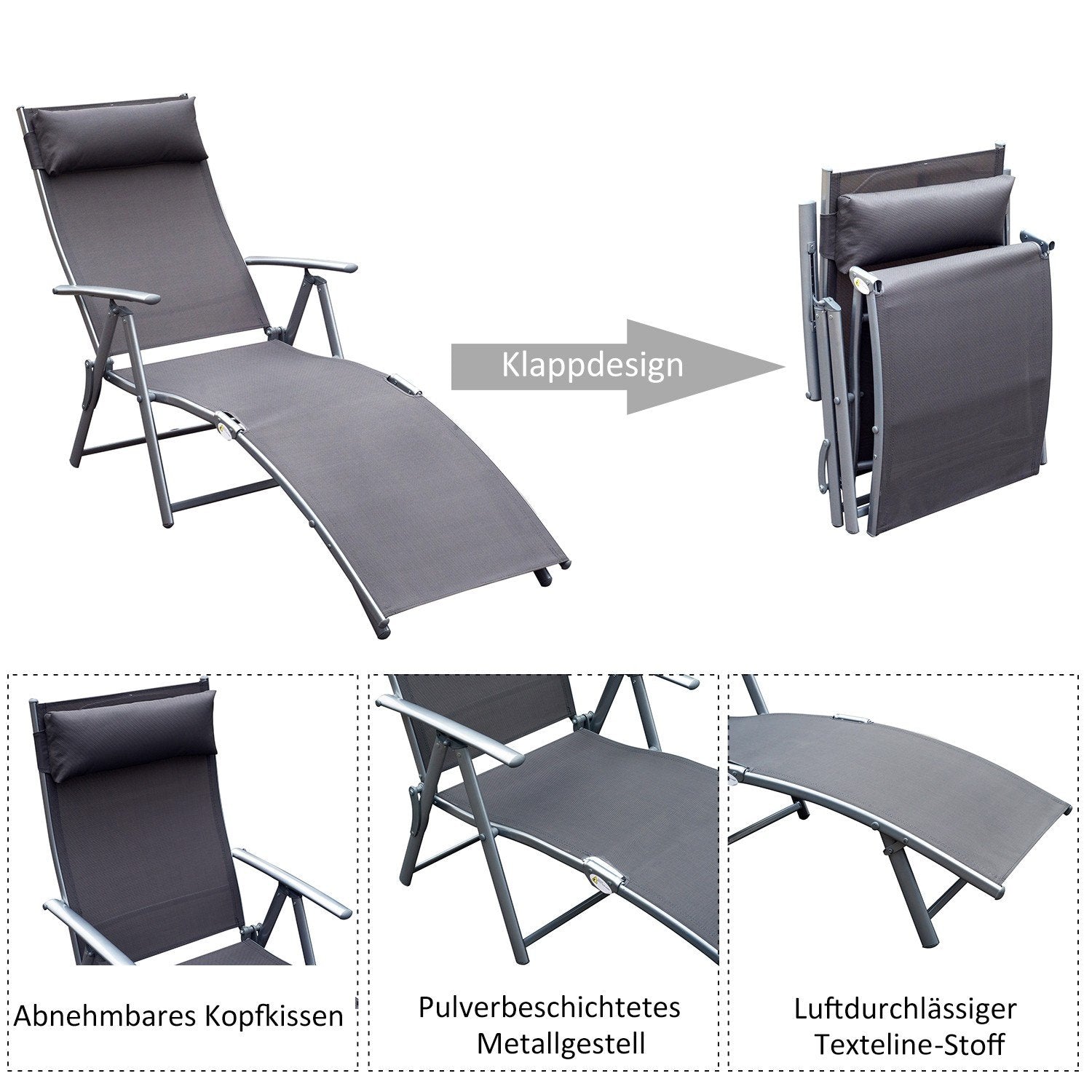 Garden Solstol Solstol Solstol Fällbar Justerbar Med Kudde Trädgårdsgrå Metall + Tyg Grå 137 X 63,5 X 100,5 Cm