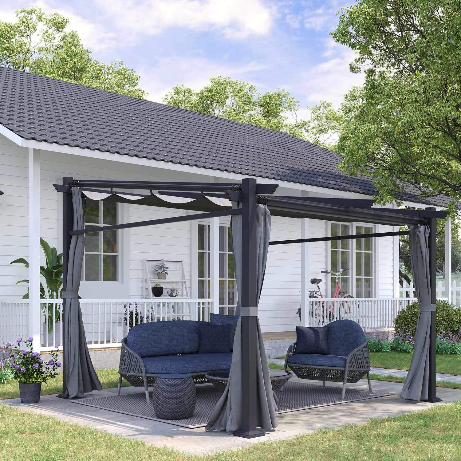 Pergola 2,97X2,95M Vattenavvisande Lusthus Med Solskydd Och Sidopaneler, Polyester, Mörkgrå