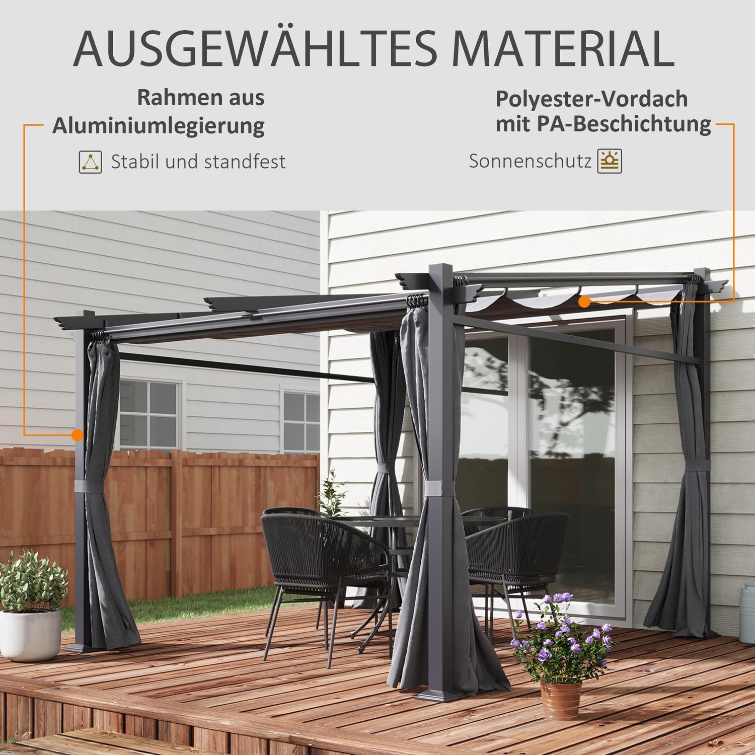 Pergola 2,97X2,95M Vattenavvisande Lusthus Med Solskydd Och Sidopaneler, Polyester, Mörkgrå