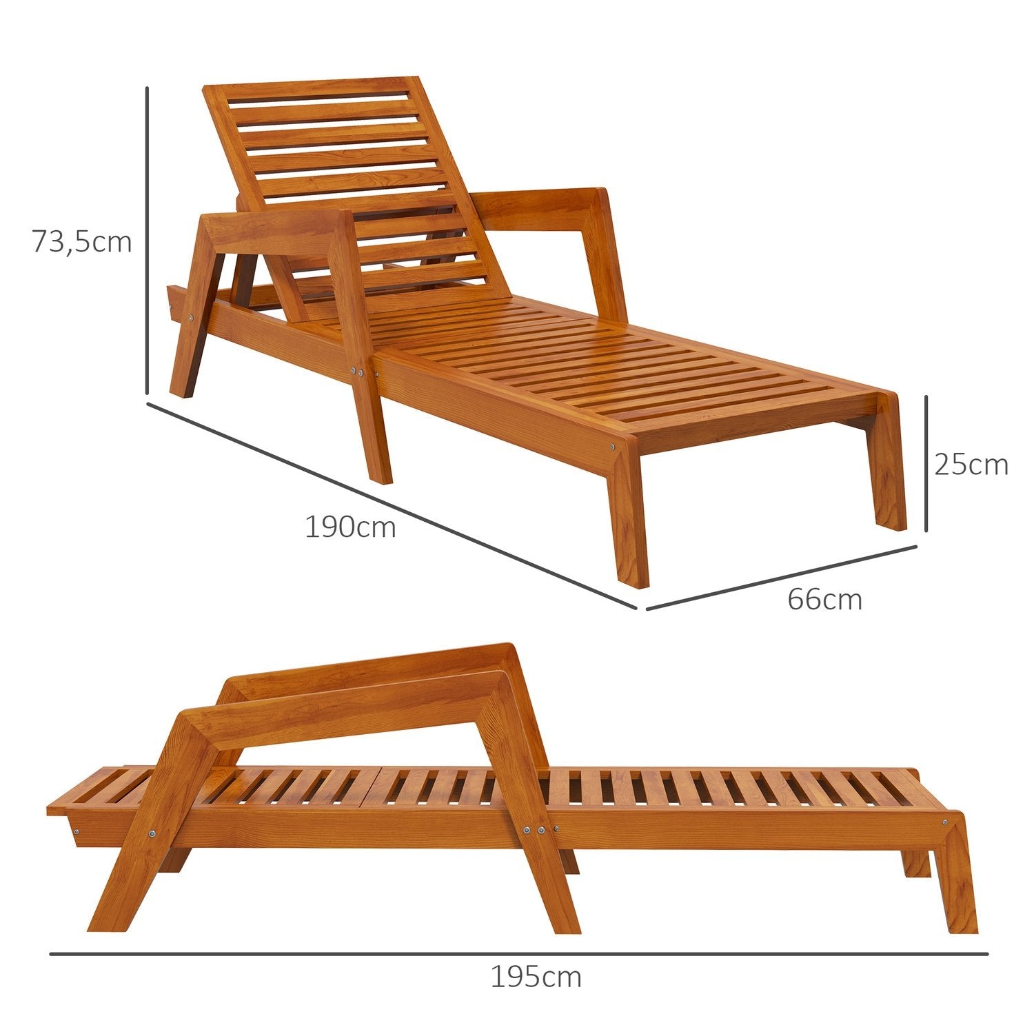 Solstol, Trädgårdsstol I Trä, Solstol, Väderbeständig Vilstol För Balkong, Terrass, Lastkapacitet Upp Till 120 Kg, Orange, 66 X 190 X 73,5 Cm